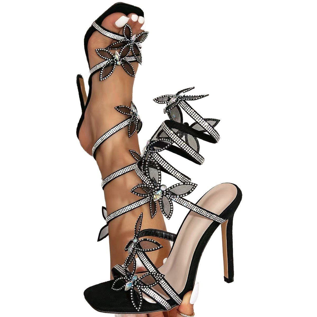 Crystal butterfly strap Black sandals