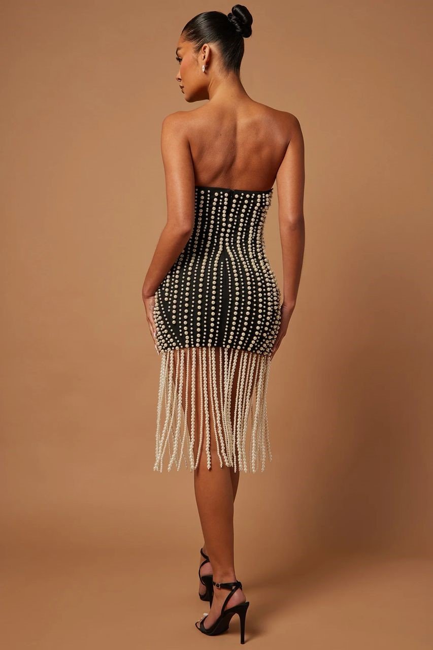 Elegant Beaded Tassel Tube Bandage Mini Dress