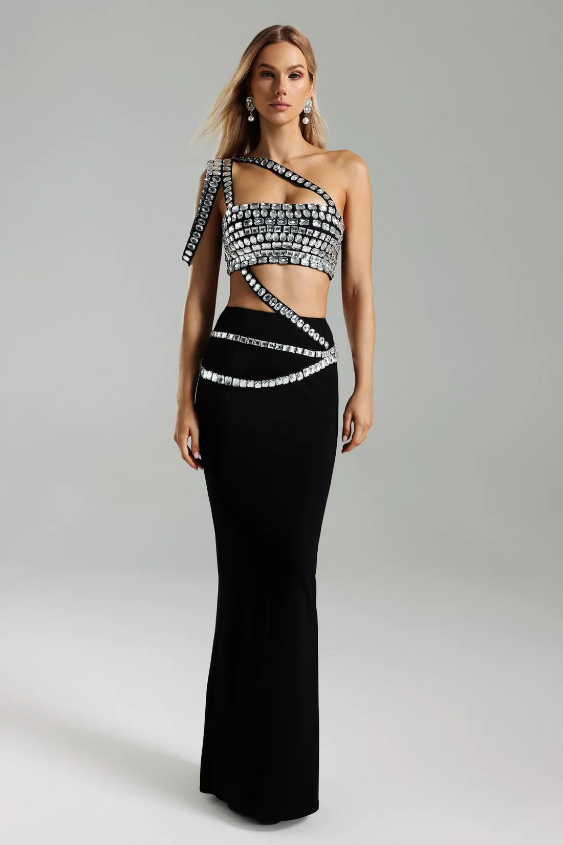 Chamie Rhinestone One-Shoulder Set