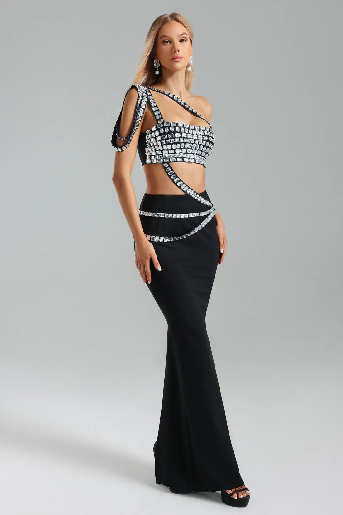 Chamie Rhinestone One-Shoulder Set