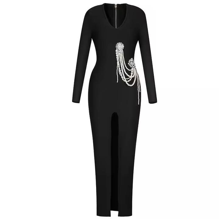 Chamie black elegant pearl evening Bandage dress