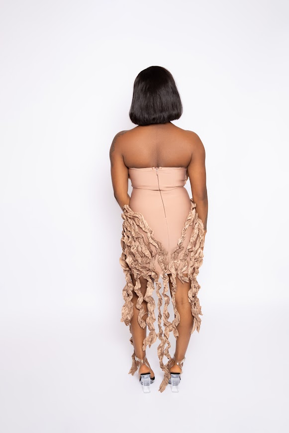 BANDAGE Brown RUFFLE TUBE DRESS