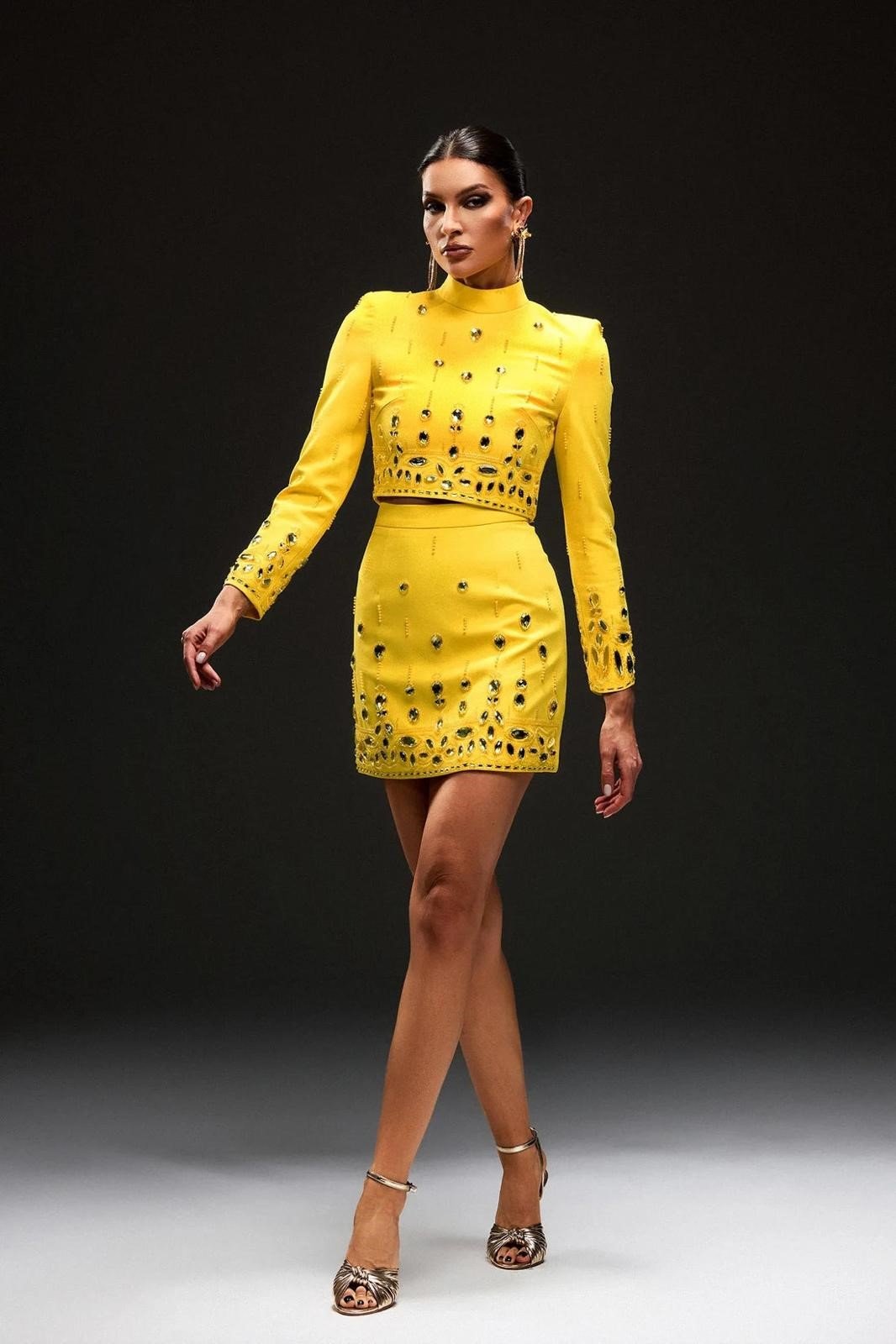 Beaded Diamond Yellow Skirt Suit