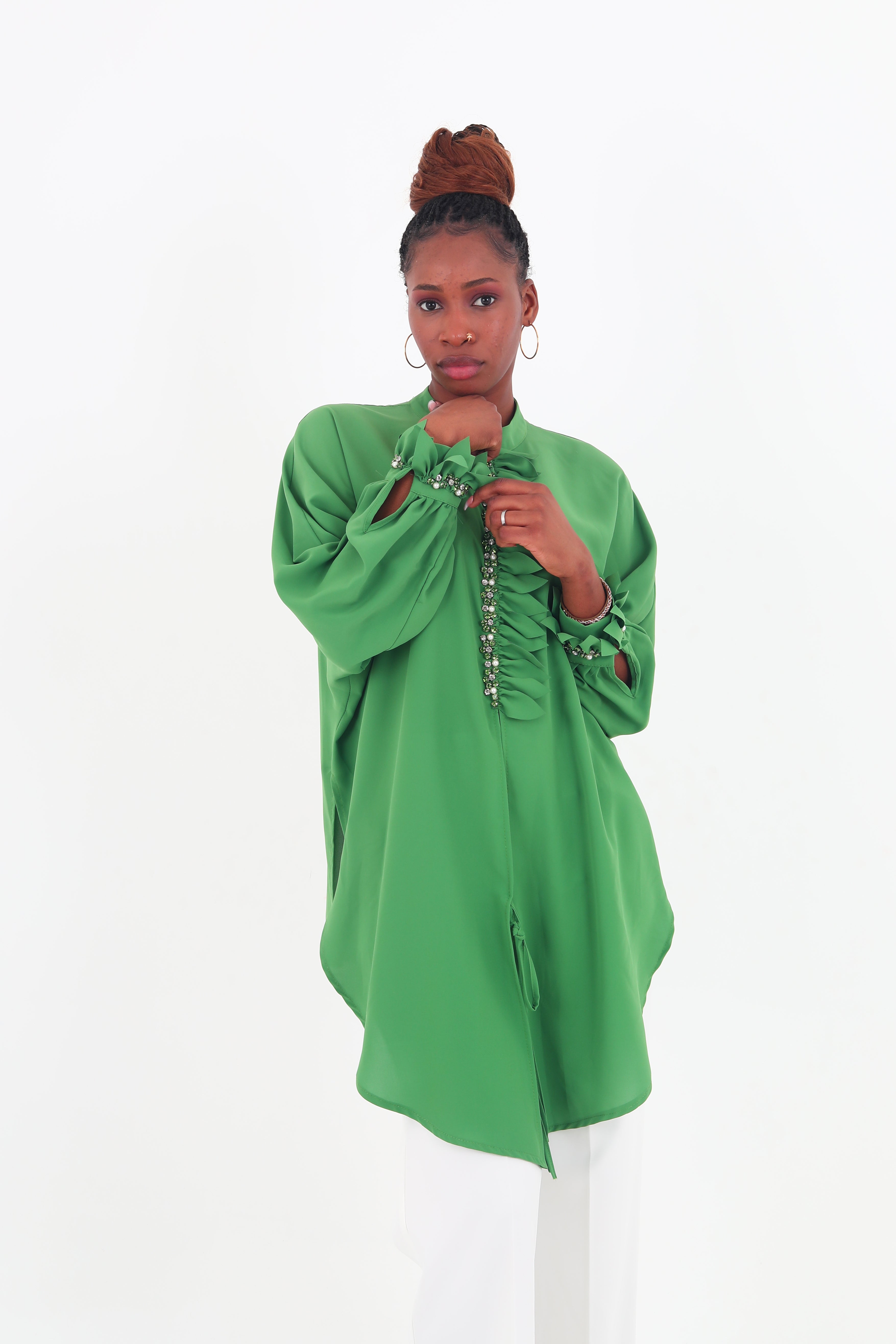 Chamie Elegant Long Sleeve Green Tops