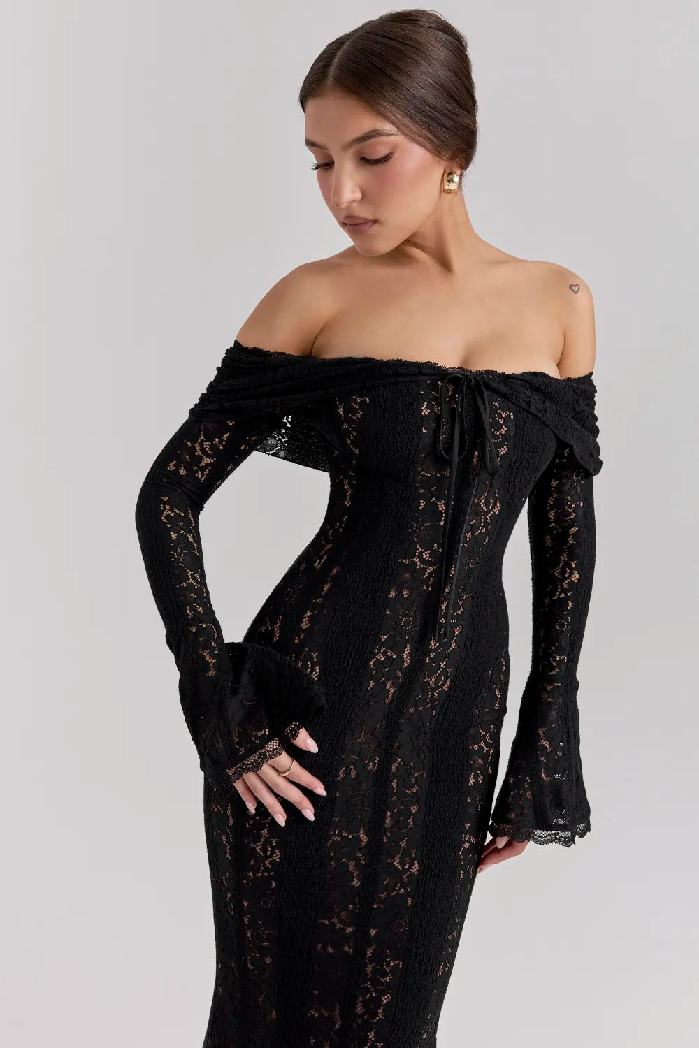 Off Shoulder Long Sleeve Black Lace Maxi Dress