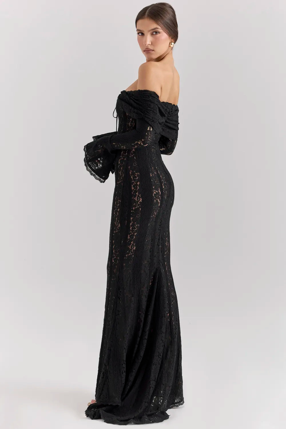 Off Shoulder Long Sleeve Black Lace Maxi Dress