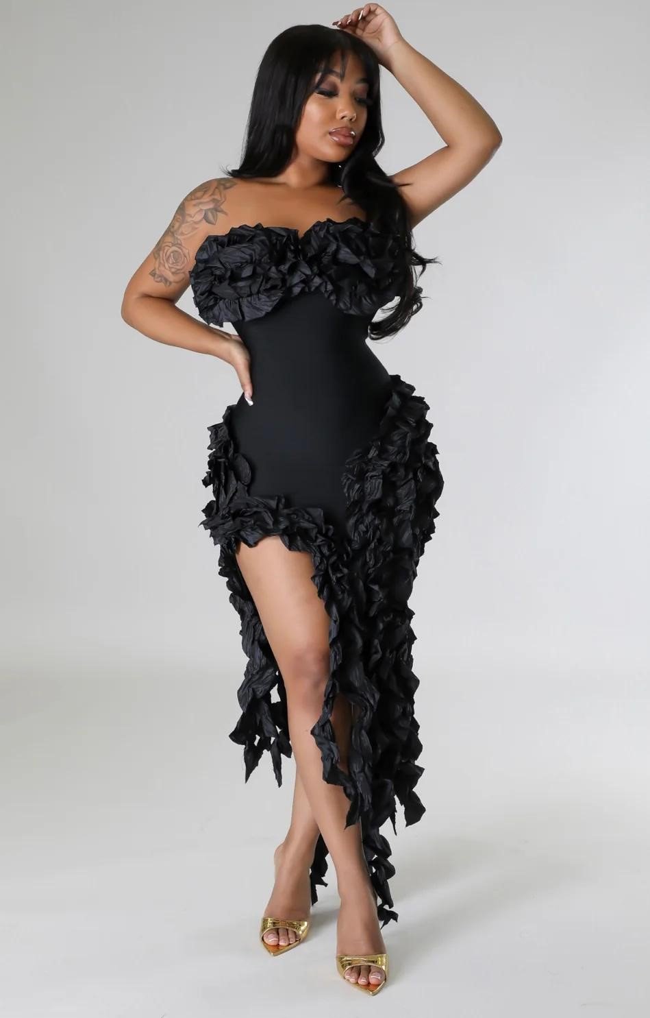 black ruffle tube dress