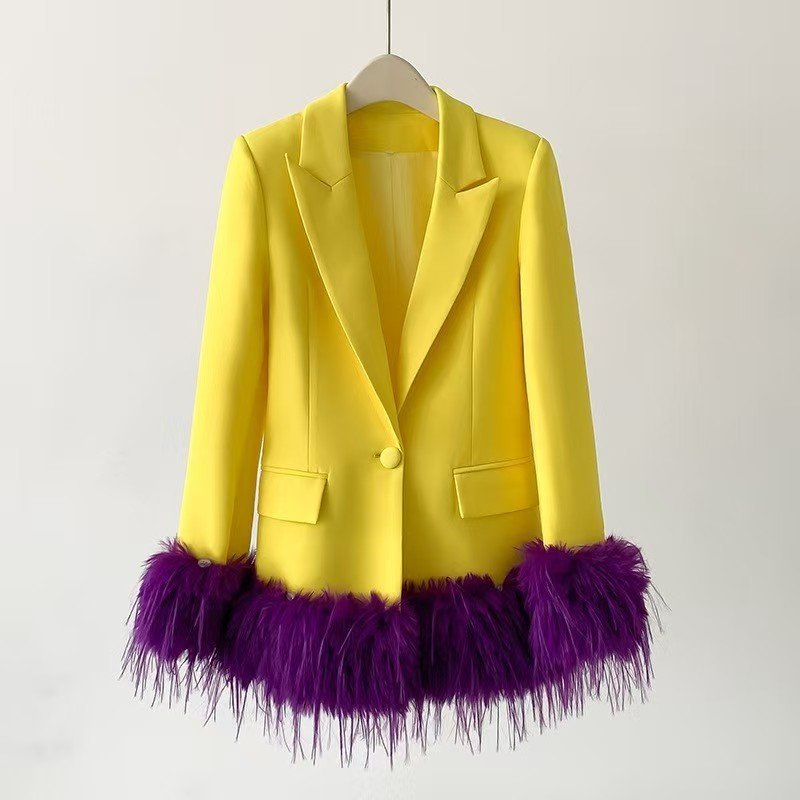 yellow feather blazer dress